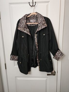 JM Collection Black Utility Jacket with Leopard-Print Trim